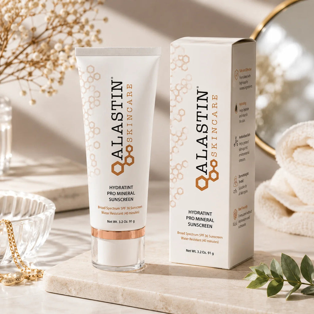 Alastin Skincare Hydratint Pro Mineral Sunscreen SPF 36 tube and box on marble surface