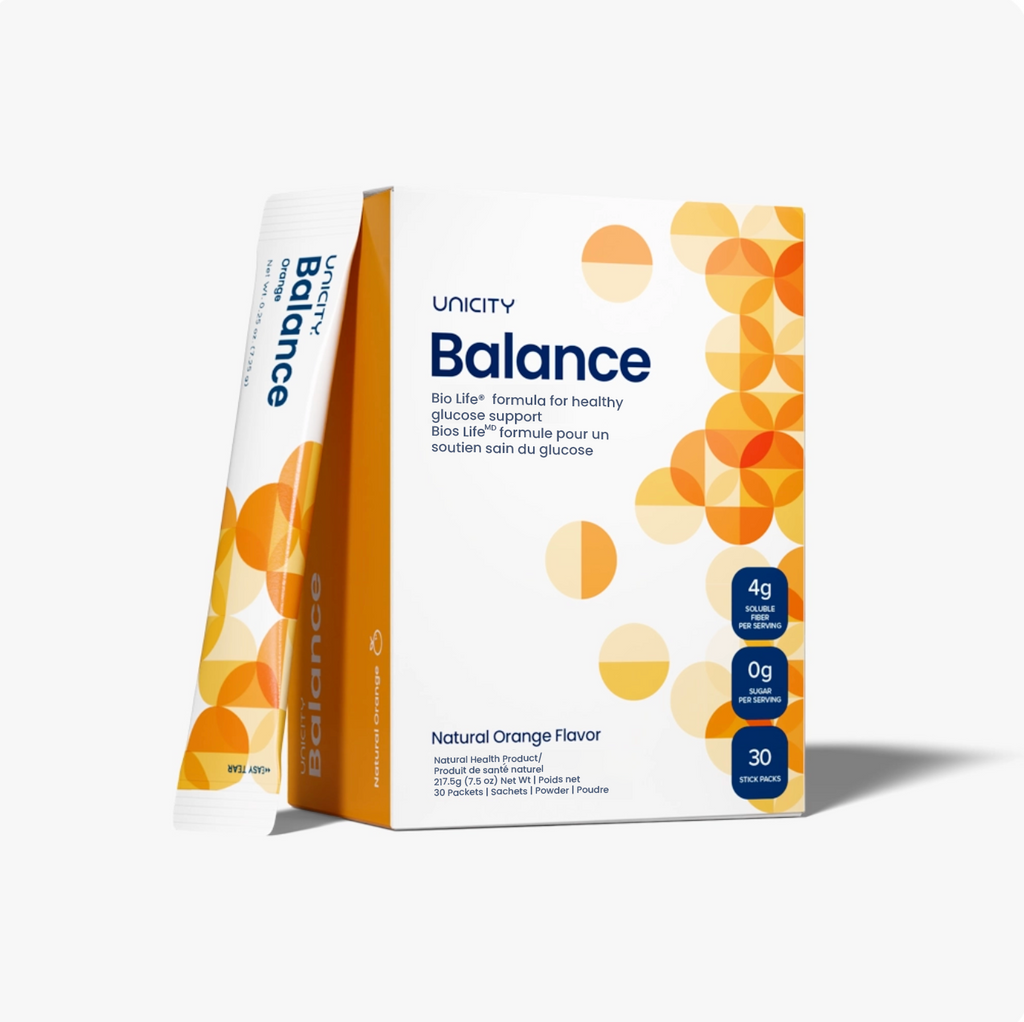 UNICITY Balance Natural Orange Flavor dietary supplement box with 30 stick packs
