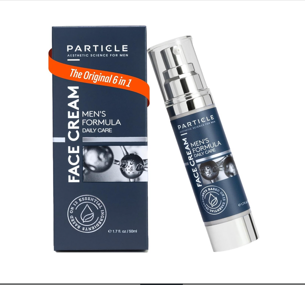 Particle men's face cream with packaging on a white background