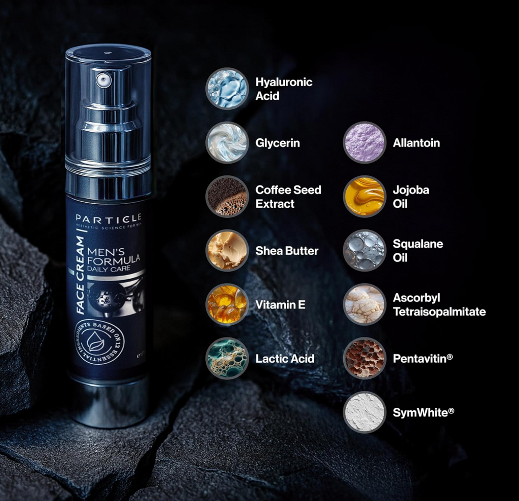 Men's face cream with ingredient labels on a dark background