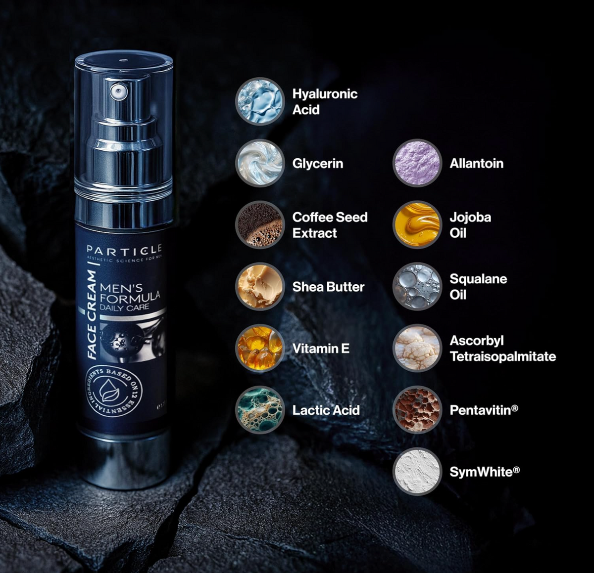 Men's face cream with ingredient labels on a dark background