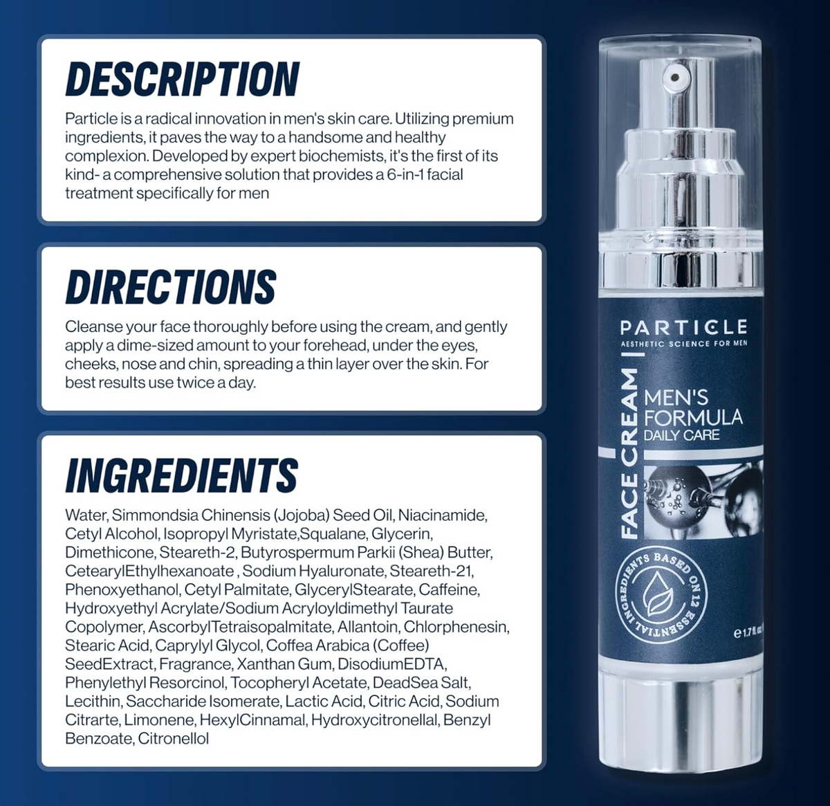 Particle men's face cream with detailed description, directions, and ingredients on a blue background